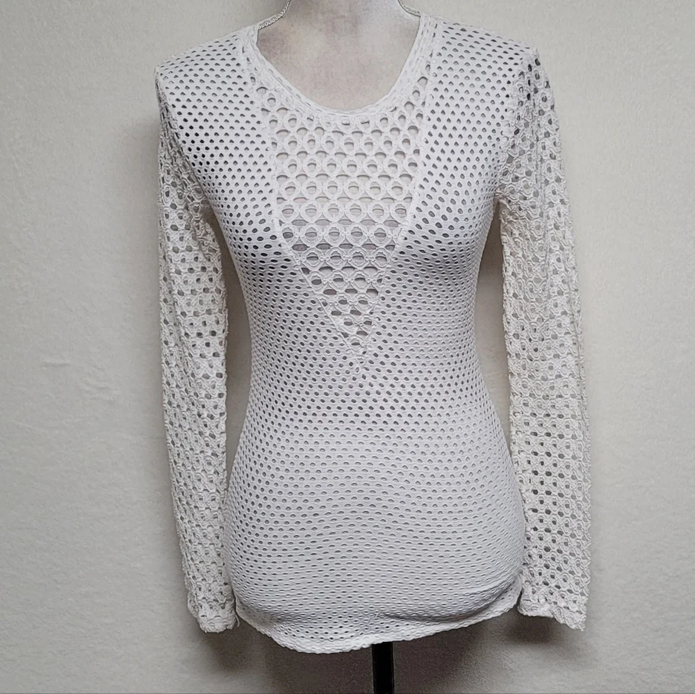 BCBG Max Azria ‘Elain' Long Sleeve Stretch White Mesh Top Long Sleeve Sheer Mesh